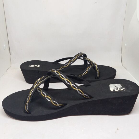 Teva Size 11 Mush Mandalyn Ola 2 Wedge Sandal-Strappy Thong-Gold/Black-Comfort - Picture 4 of 8